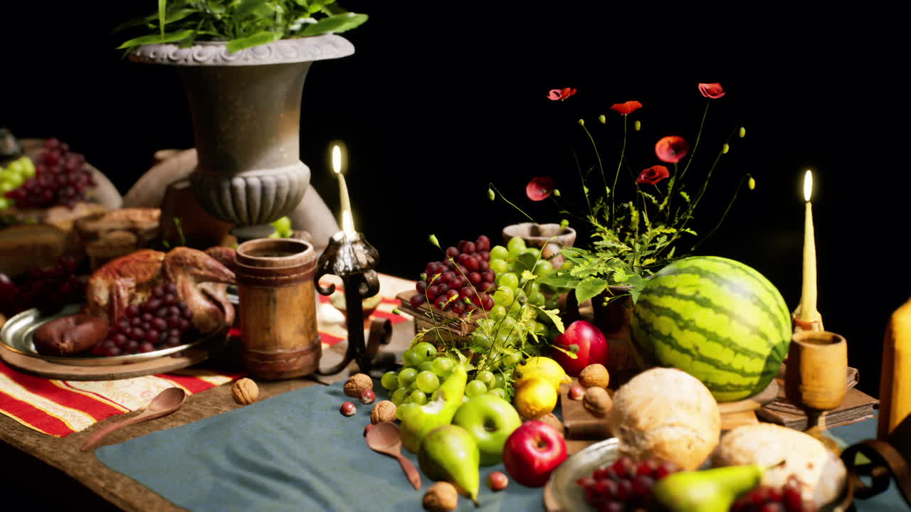 A diverse spread of food and drinks arranged beautifully on a dining table