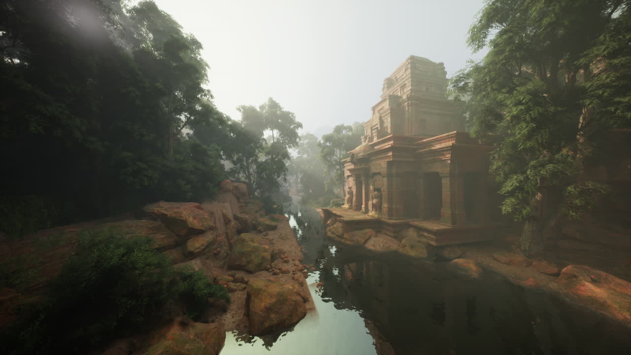 Peaceful landscape revealing ancient temple amidst dense greenery