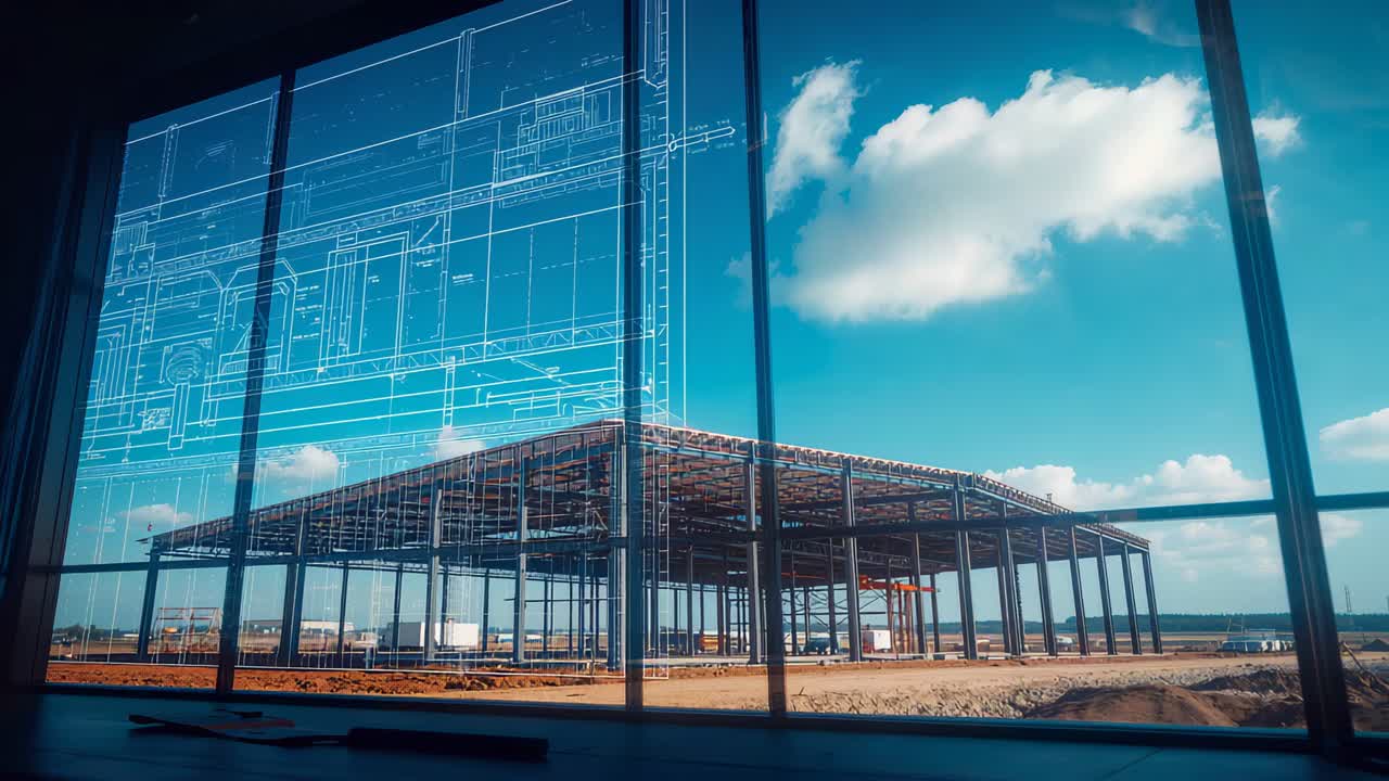 Fading blueprint overlay revealing steel frame building through window, dusty ground, clouds