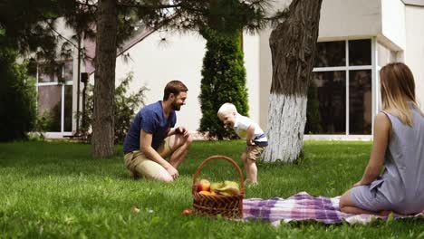 familia caucásica. padre entreteniendo a su hijo pequeño, lanzando conos al aire. pasando el rato en el parque. concepto de picnic. cámara lenta