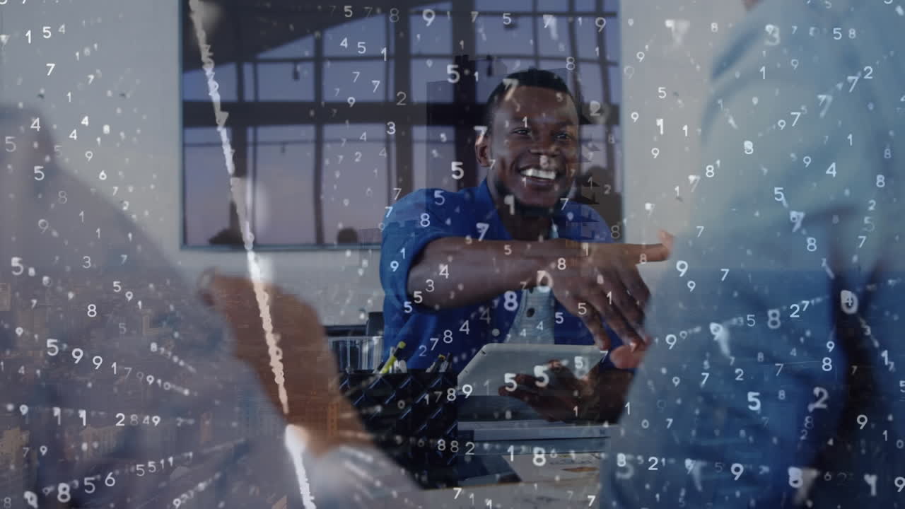 Animation of data processing over diverse business people in office