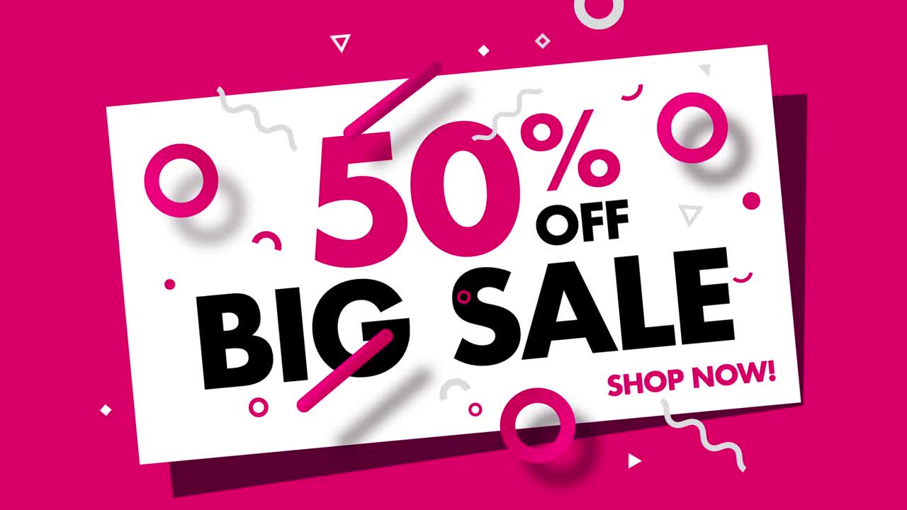 50% OFF Sale Loop Animation Banner. Big Sale Promotion Campaign. Modern Design Concept. Special Price Discount Offer Banner 4k.