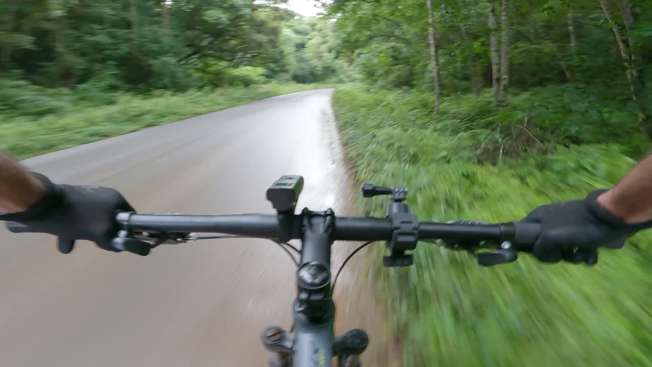 ciclista pasando por una carretera rural bordeada de árboles en un día lluvioso, video pov