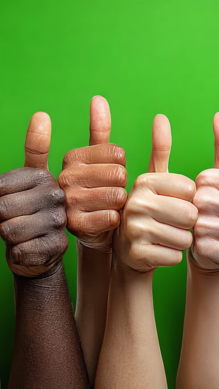 Diverse Group of Hands Giving Thumbs Up Against a Vibrant Green Background, Symbolizing Unity, Approval, and Positivity in an Engaging Visual Composition