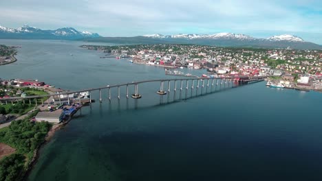 Bridge-of-city-Tromso,-Norway-Aerial-footage