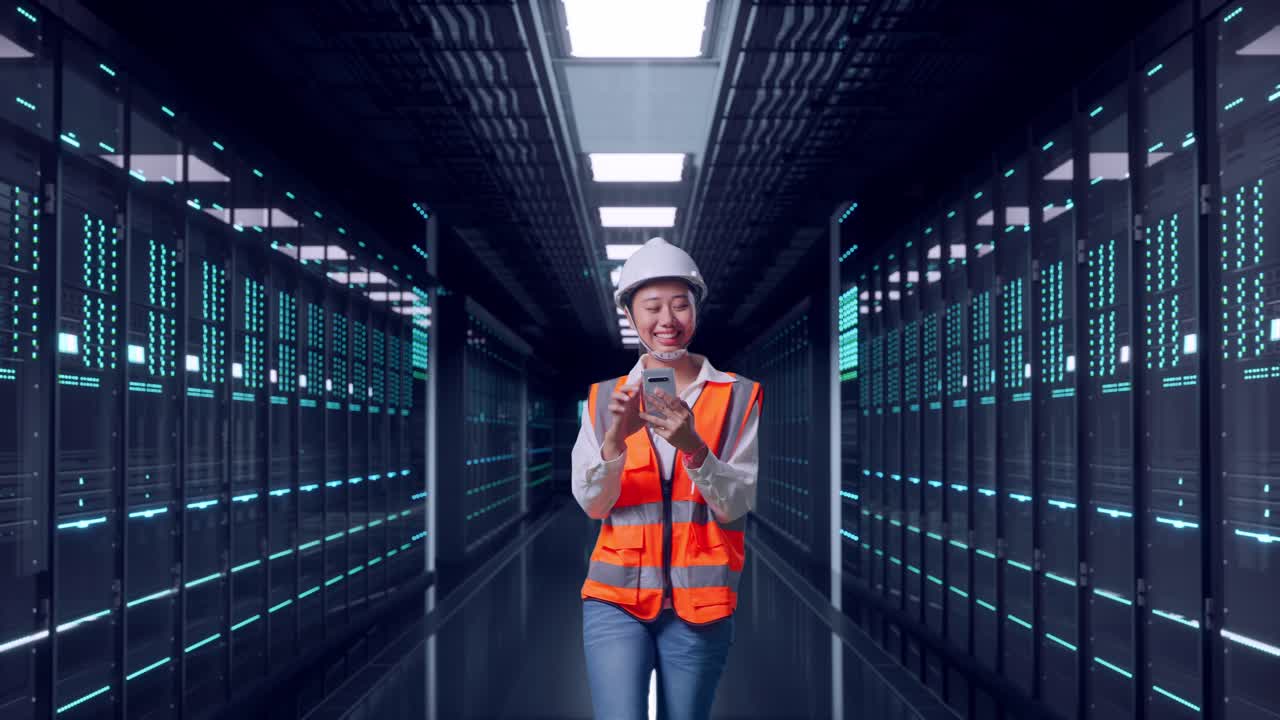 Front View of Asian Female Engineer Use Smartphone While Walking in Server Room Data Center