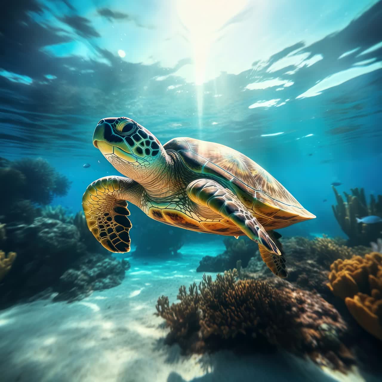 Underwater video scene of a sea turtle swimming over coral reefs