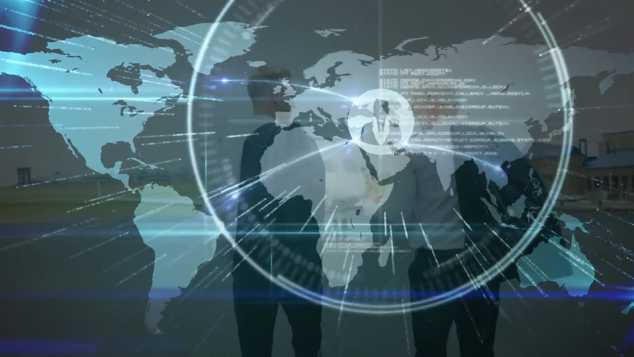 두 명의 백인 조종사가 공항 활주로에서 서로 대화하는 전 세계 프로필 아이콘의 네트워크