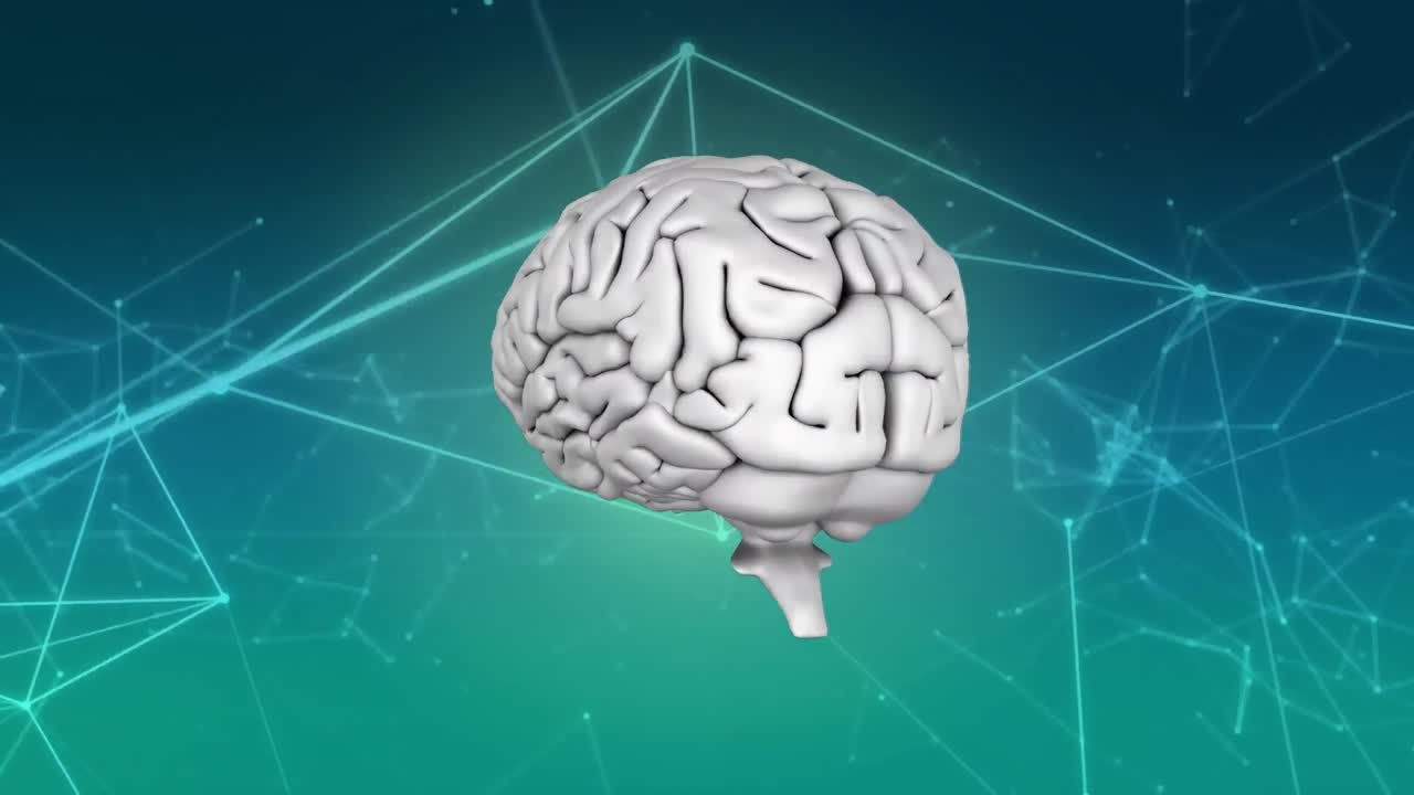 animación del cerebro humano en 3d girando sobre una red de conexiones sobre fondo azul