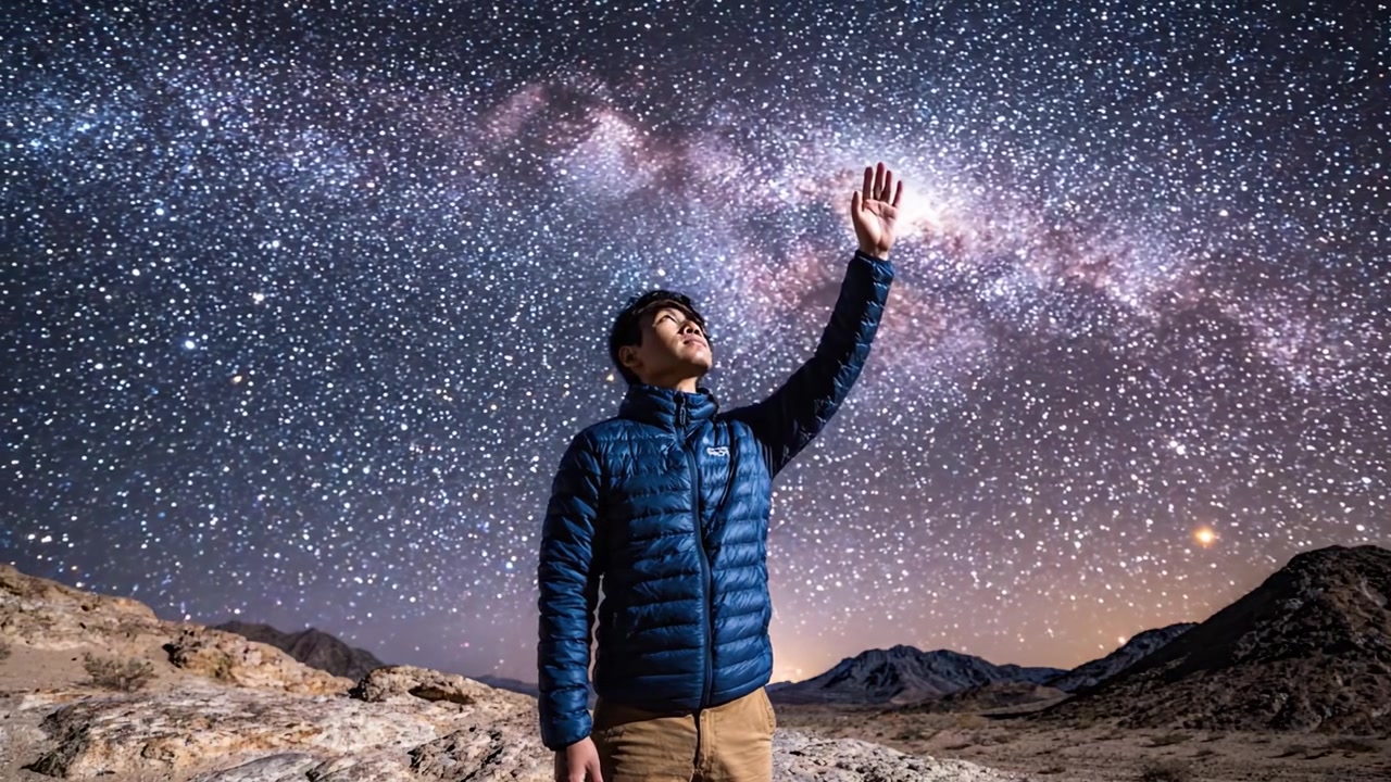 Asombrado por la maravilla cósmica: Un joven mira hacia arriba la impresionante Vía Láctea bajo el cielo nocturno, abrazando la belleza del universo.