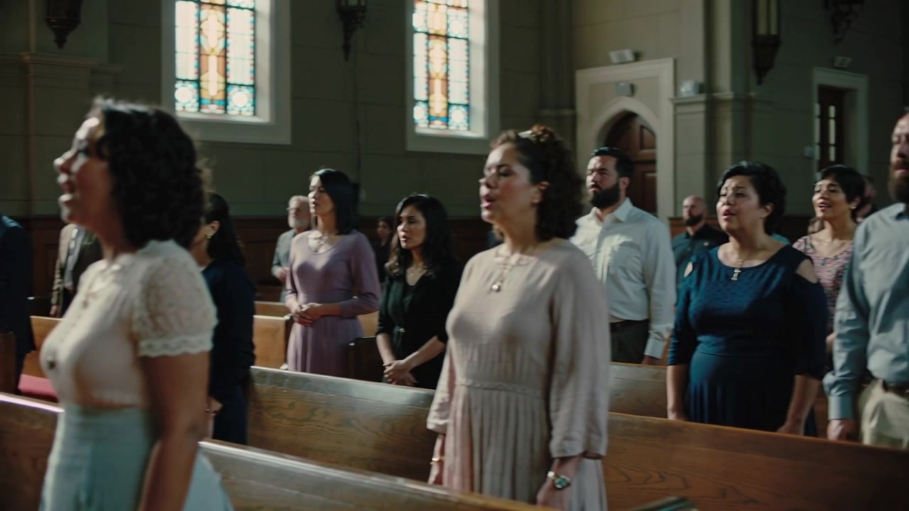 Mulher em pé, de renda branca e saia azul, cantando após o início do hino em um culto com vitrais.