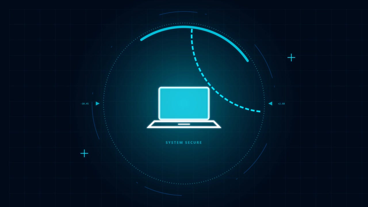 Digital Cybersecurity Interface with Laptop Icon and System Secure Status