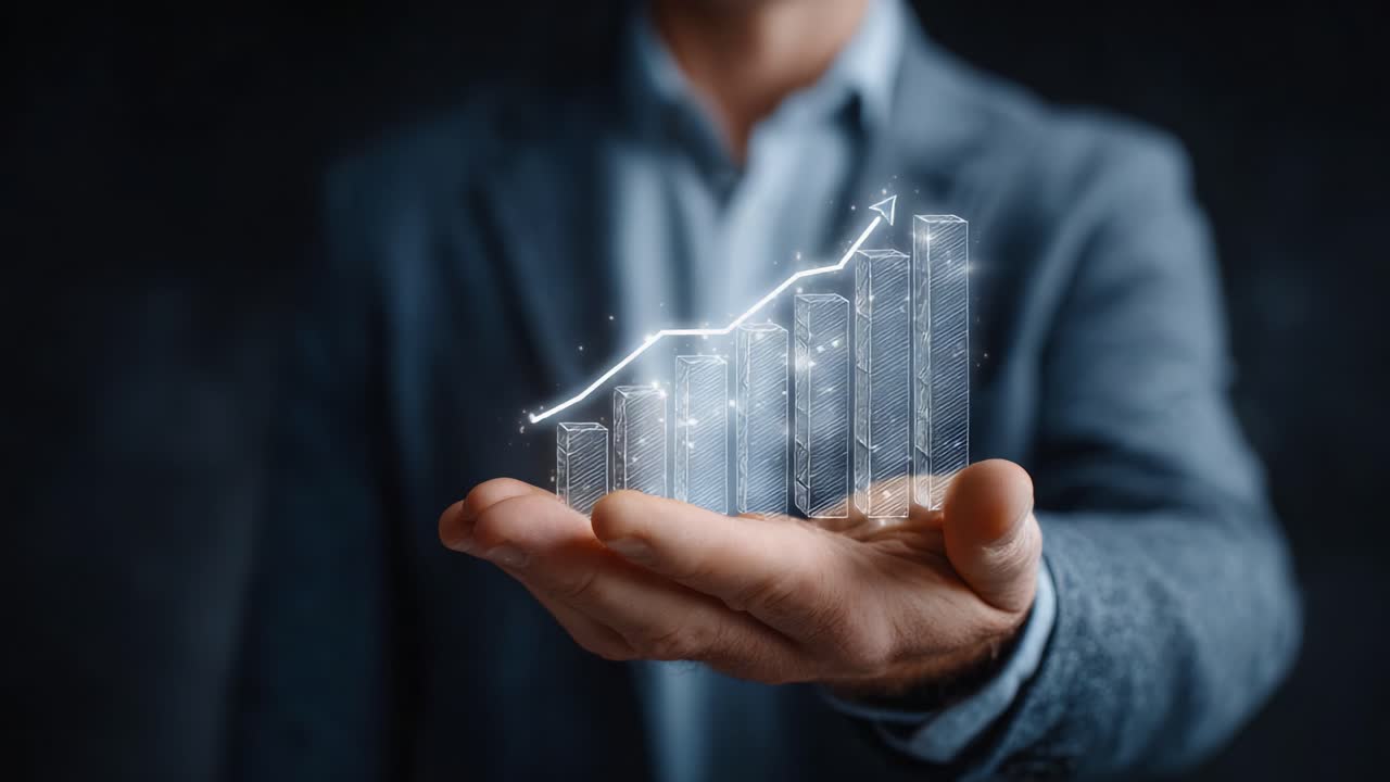 A professional individual presenting a digital growth chart, showcasing increasing trends and values in a modern, innovative business environment for financial analysis