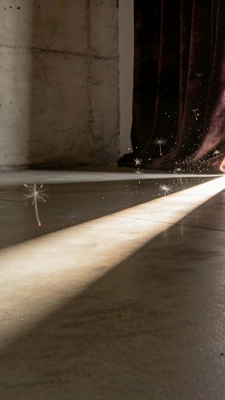 Vertical video: Sunbeam showing dandelion seeds drifting on concrete floor in room with curtain