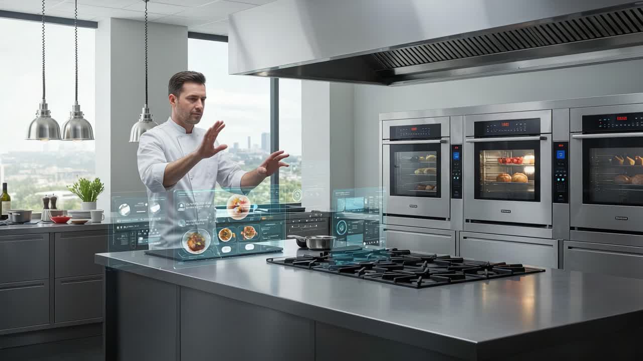 A Chef Interacting with Smart Cooking Technology in a Modern Kitchen, Showcasing Advanced Culinary Techniques and Interactive Meal Preparation Displays