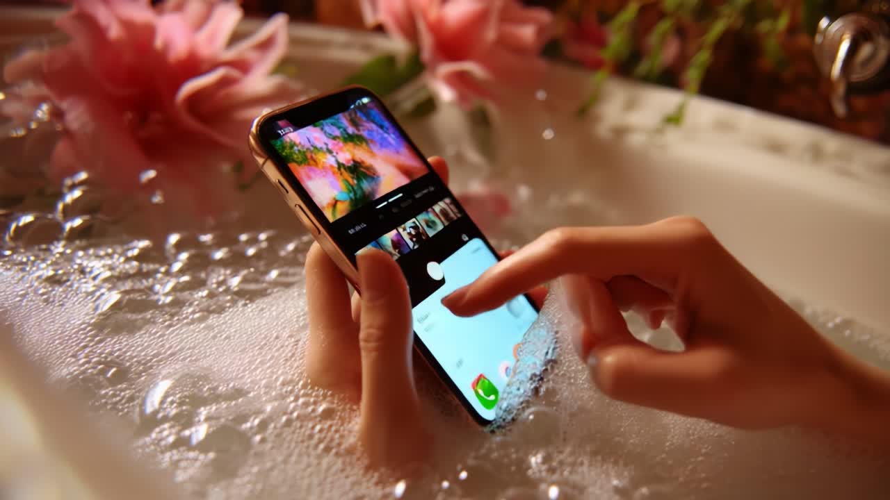 A Serene Moment: A Person Using a Smartphone in a Relaxing Bath Surrounded by Beautiful Flowers, Showcasing a Blend of Technology and Self-Care in Tranquil Settings