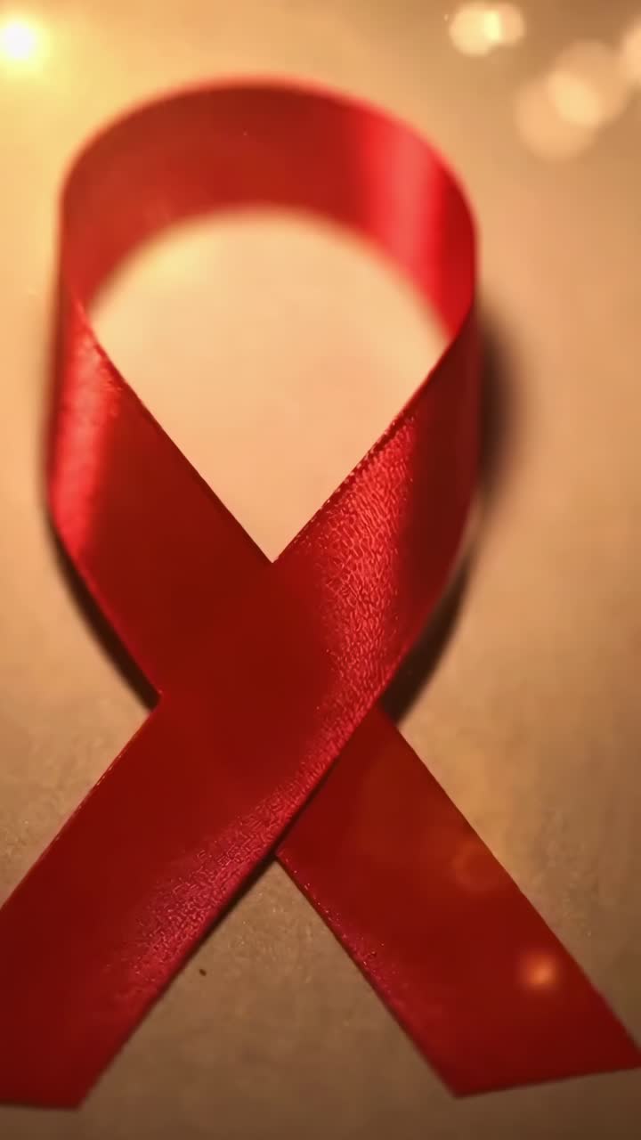 Vídeo em close-up de uma fita vermelha simbolizando a conscientização, filmado de um ângulo superior