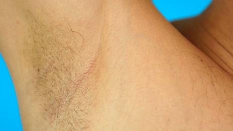 hairy armpit, isolated on blue background, close-up, unshaven, a lot of hair on armpit