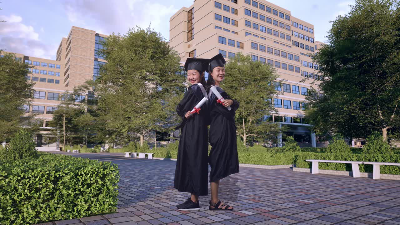 Full Body Of Asian Woman Students Graduate In Caps And Gowns Crossing Their Arms And Smiling To Camera In Front Of A Magnificent University Building