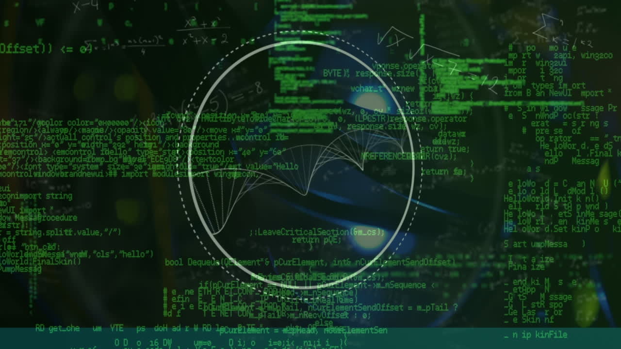 Animation of circular scanner and particles forming helix over green data processing