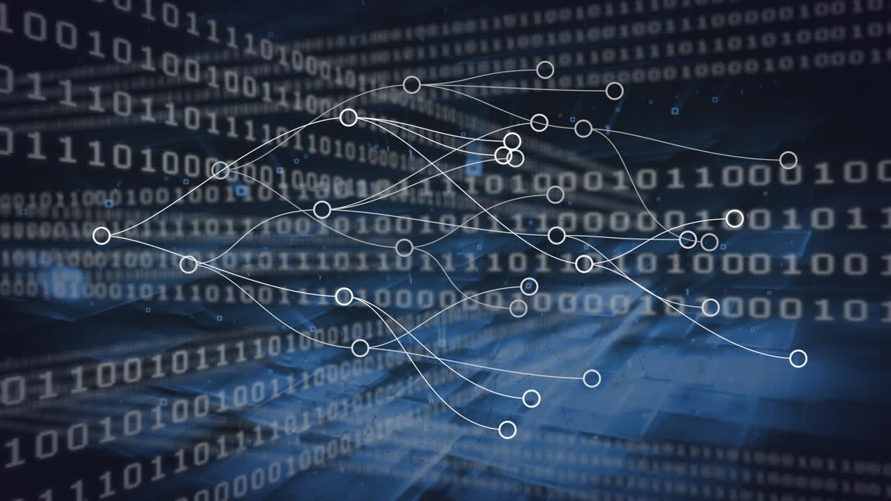 Animation of network of connections over data processing on black background