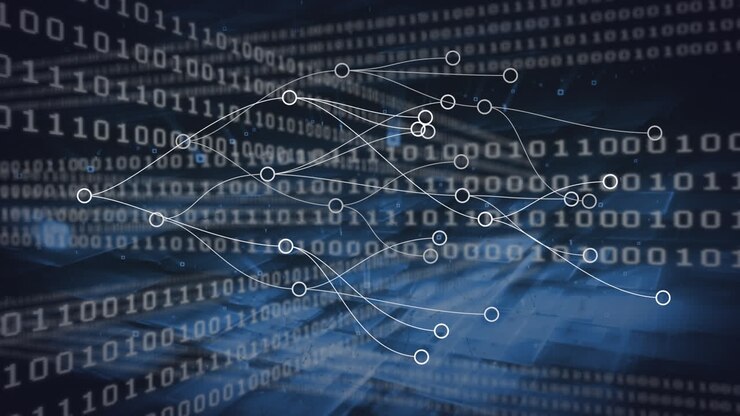 Animasjon av et nettverk av forbindelser over databehandling på svart bakgrunn