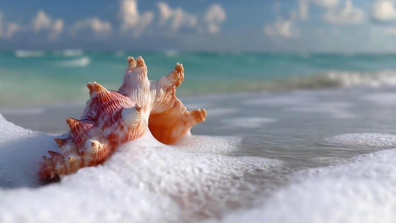 A Beautiful Coastal Scene Featuring a Stunning Seashell Adorned by Gentle Ocean Waves and Soft Foam, Captured Under a Vibrant Sky with Fluffy Clouds