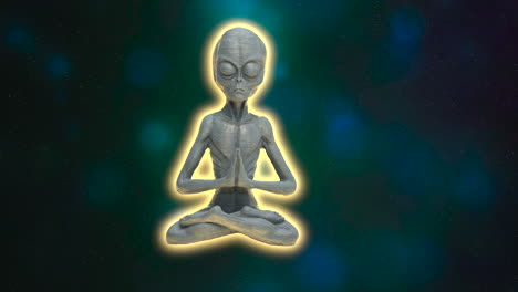 futuristic animation of alien doing yoga training in motion with colorful lighting universe background