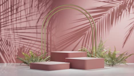 Minimal-pink-podium-display-with-beach-vibe-background-for-product-stand,-3d-rendering,-3d-illustration-animation-loop