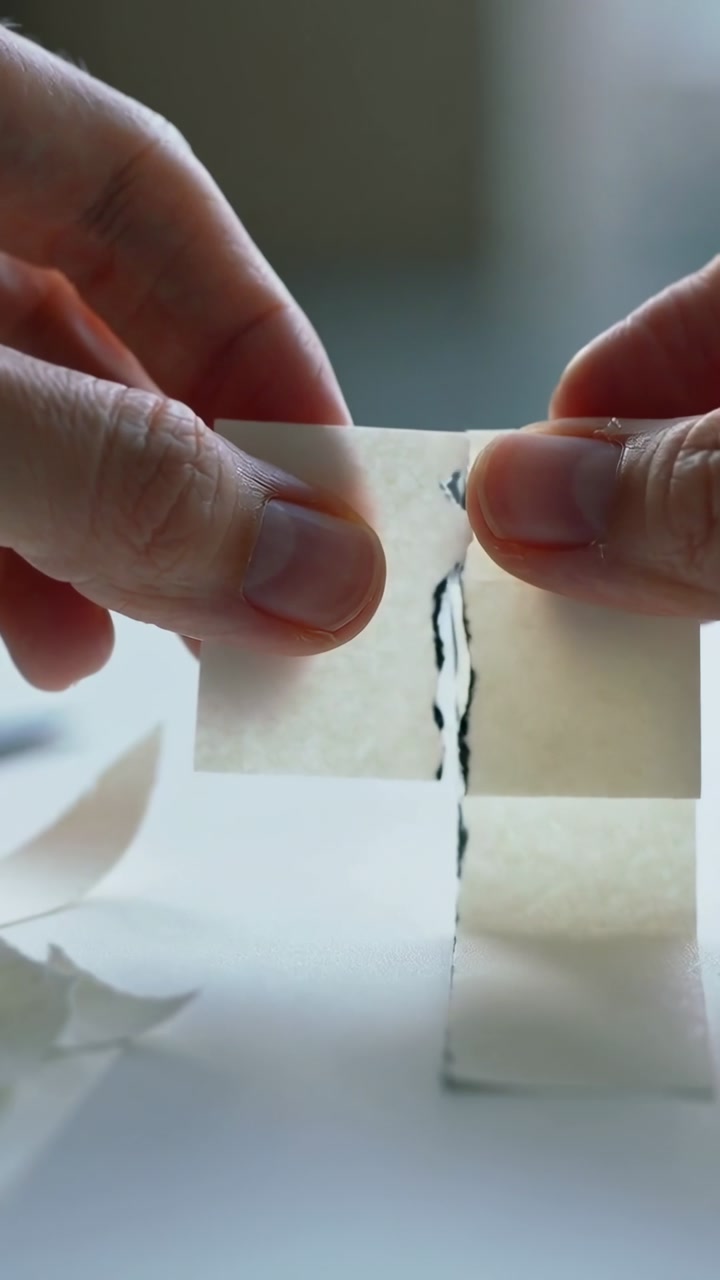 Vertical video: Pulling hands aligning and tearing paper strip on home table, preparing for craft