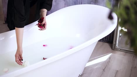young attractive woman in black bathrobe throwing flowers to the bathtub filled with milk, getting ready to take a warm bath