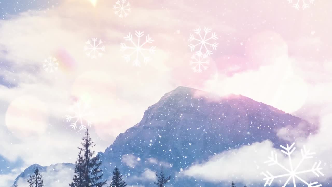 산과 함께 겨울 풍경 위에 내리는 눈의 애니메이션