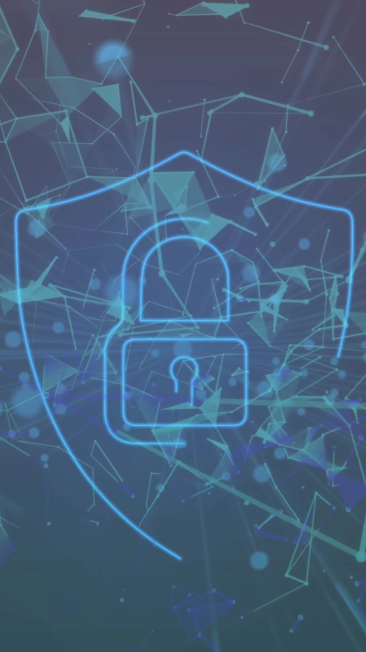 Animation of security padlock icon and plexus networks floating against purple background