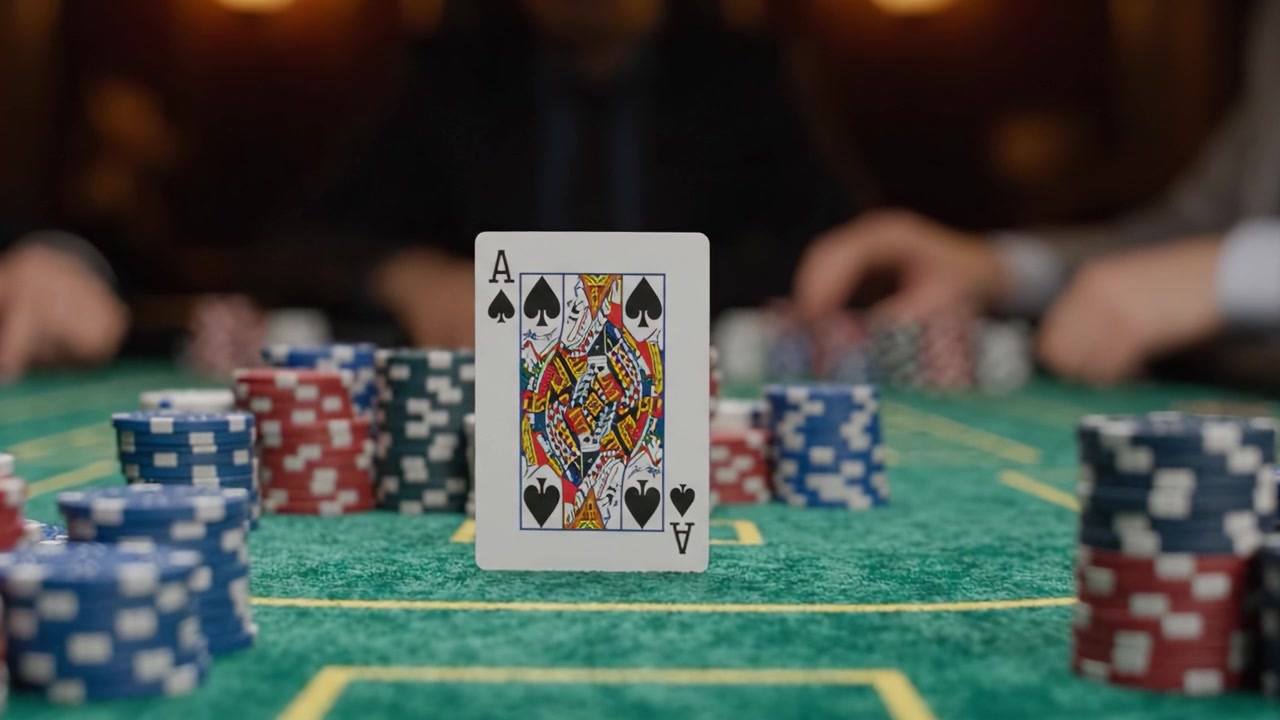 Confronto Intenso de Poker: Uma Partida Emocionante com Fichas Empilhadas e Ás de Espadas Enquanto os Jogadores Estrategizam ao Fundo