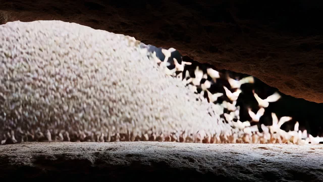 A Spectacular View Inside a Cave: Countless Bats Emerge from the Darkness, Fluttering Elegantly Against a Backdrop of Natural Light and Mysterious Shadows