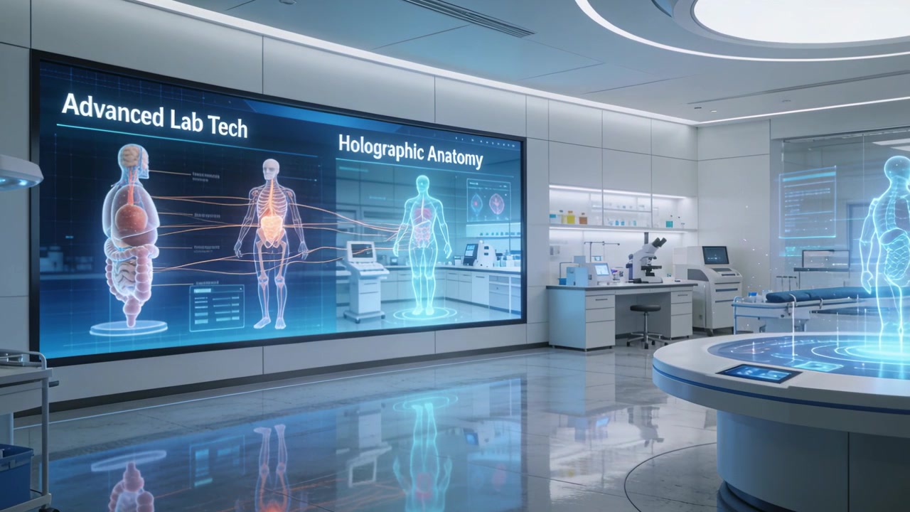 Intensifying projection table, holographic anatomy animating organs and skeletons in lab demo