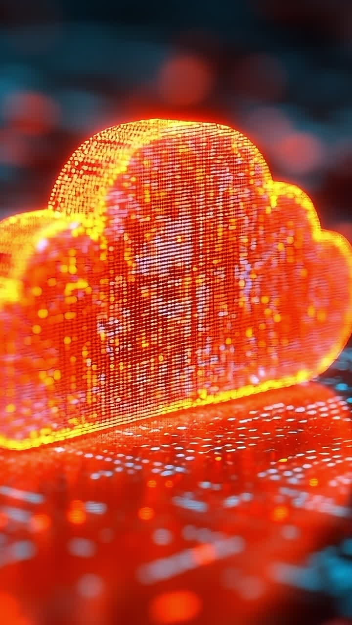 Orange cloud on digital bg. A glowing orange cloud emblem sits on a vibrant digital interface with intricate patterns and data points.
