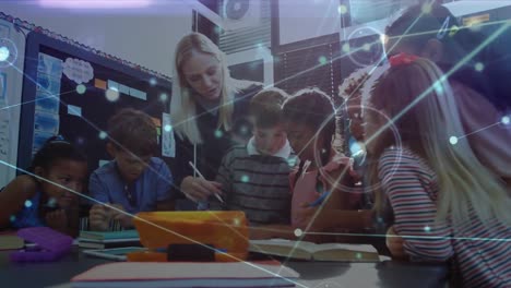 animation of network of connections over teacher and school children