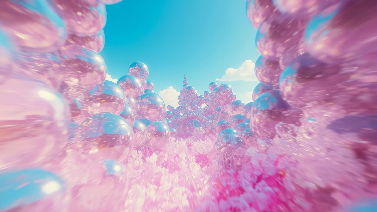 On playback camera moving through fractal tunnel and revealing pink spheres under cloudy blue sky