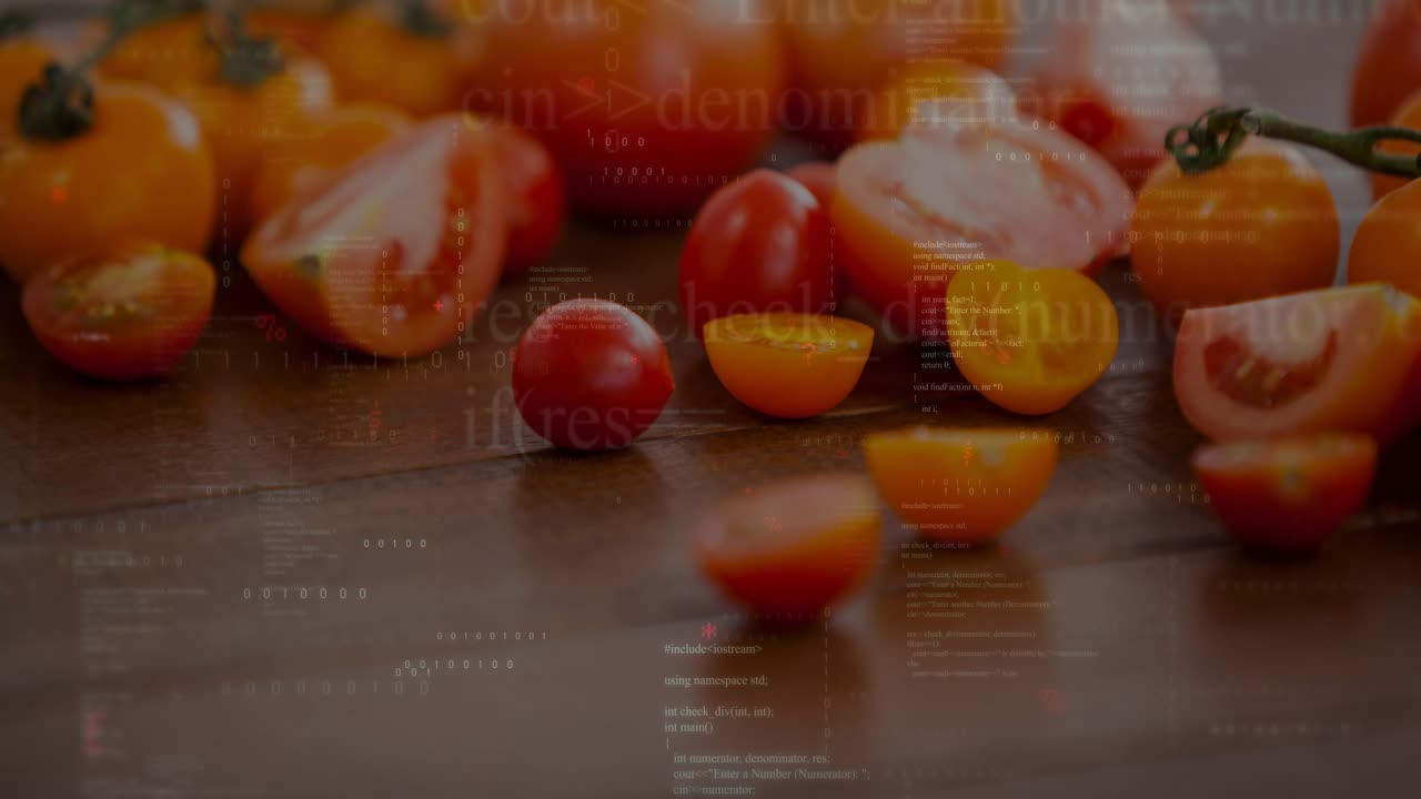 Camera push starting focus shifting while tomato cluster staying center, code overlay showing gloss