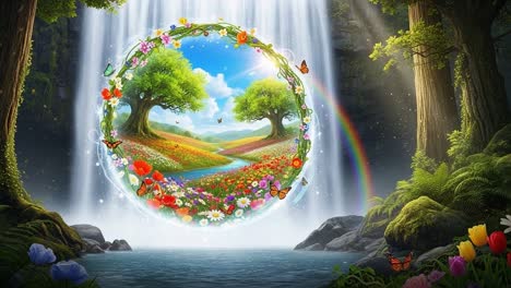 a captivating scene of nature: enchanting waterfall framed by a vibrant circular garden, surrounded by lush greenery and colorful butterflies in a magical setting
