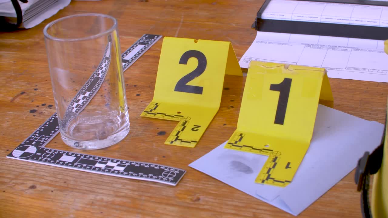 Yellow evidence markers with fingerprints and glass. Demonstration with evidence numbers.