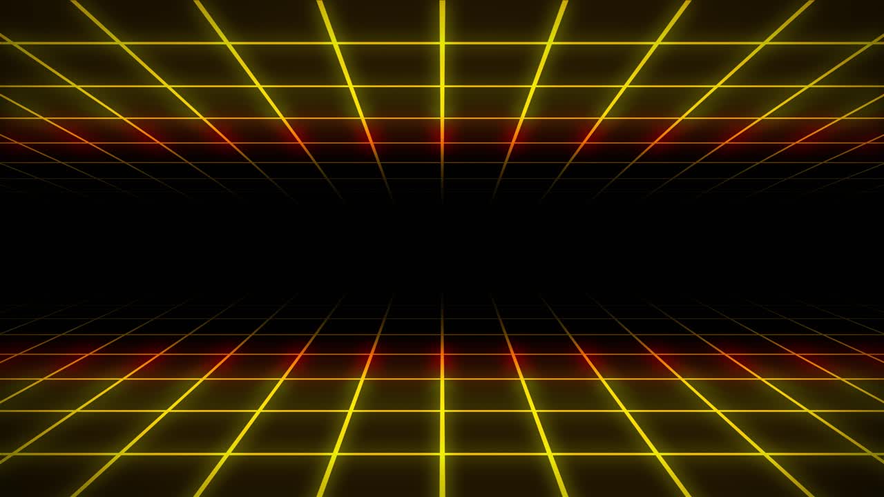 Neon grid 3D animation tunnel portal lighting glowing bright lines background seamless loop illusion space background shapes visual effect colour gold orange