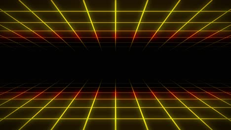 neon grid 3d animation tunnel portal lighting glowing bright lines background seamless loop illusion space background shapes visual effect colour gold orange