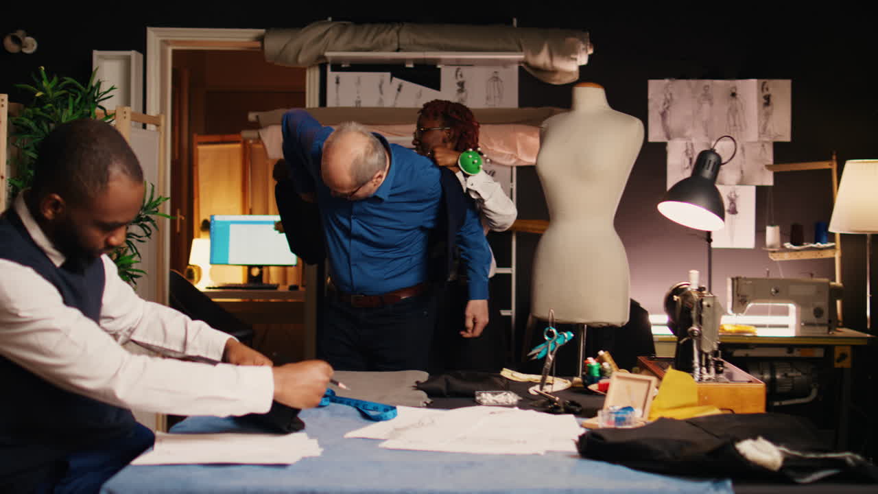 Old client fitting blazer in atelier