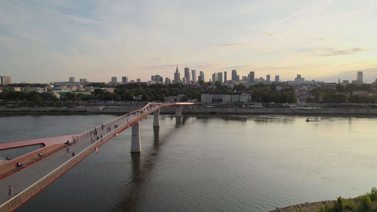 Sunset over Warsaw city, aerial panoramic skyline view