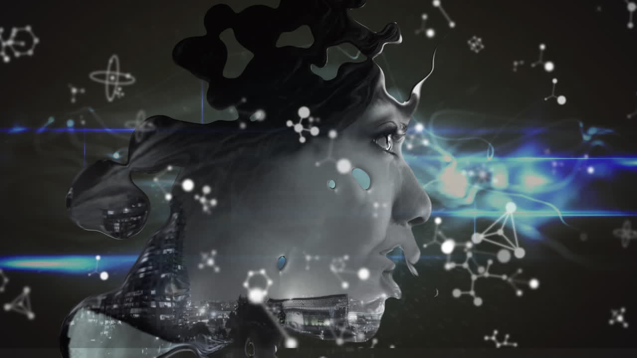 액체 효과에 대한 분자 구조 아프리카계 미국인 여성과 파란색 디지털 파도