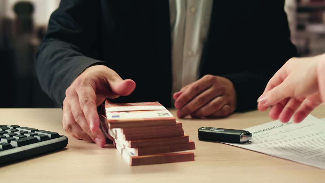 Stacks of cash dollars and euro, Banknotes counting, buying car flat home or real estate, Counting dollar euro banknotes in crime lab with machine, cashed out money, bitcoin changing