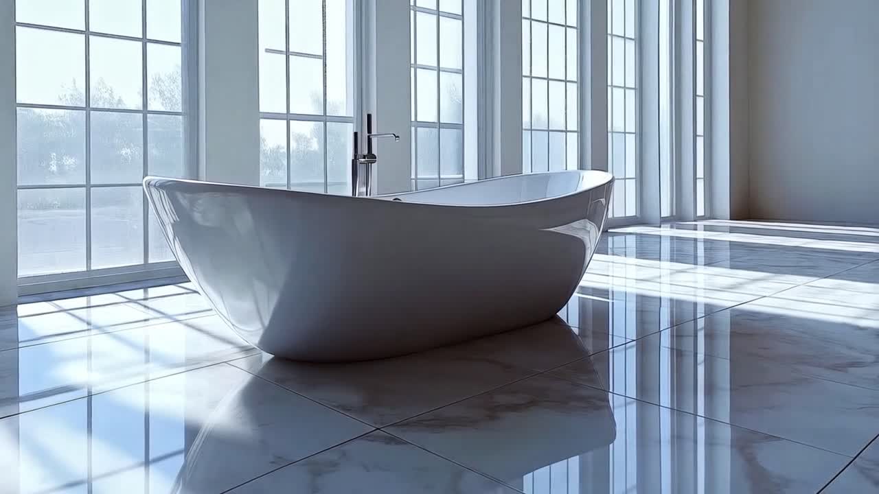Modern Bathroom with Freestanding Bathtub and Large Windows