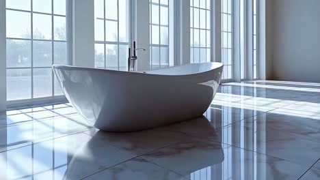 modern bathroom with freestanding bathtub and large windows